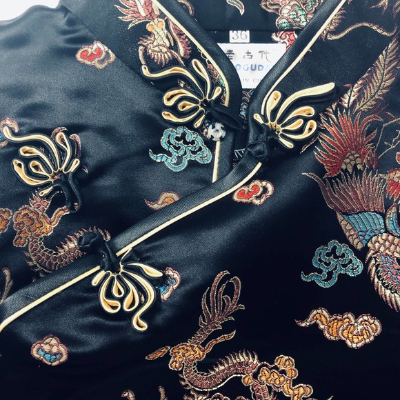 Vintage Dress Cheongsam Cocktail Black Brocade dragon gold motif sheath Lux LBD - Picture 7 of 16